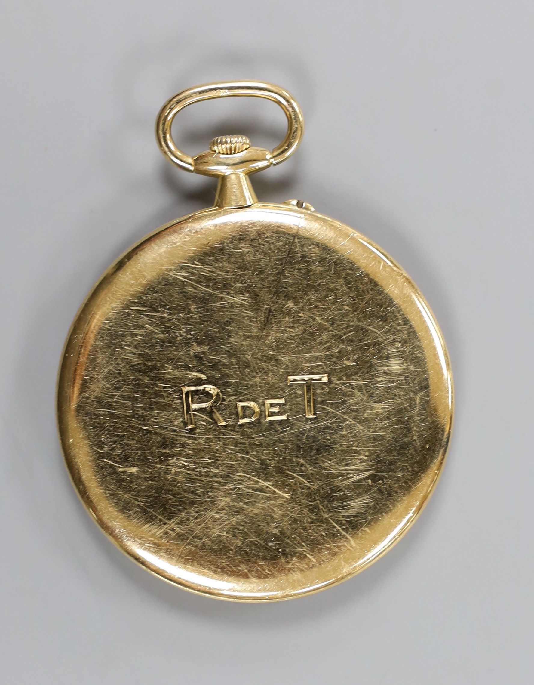 A continental yellow metal open faced dress pocket watch, case diameter 45mm, gross weight 45.8 grams.